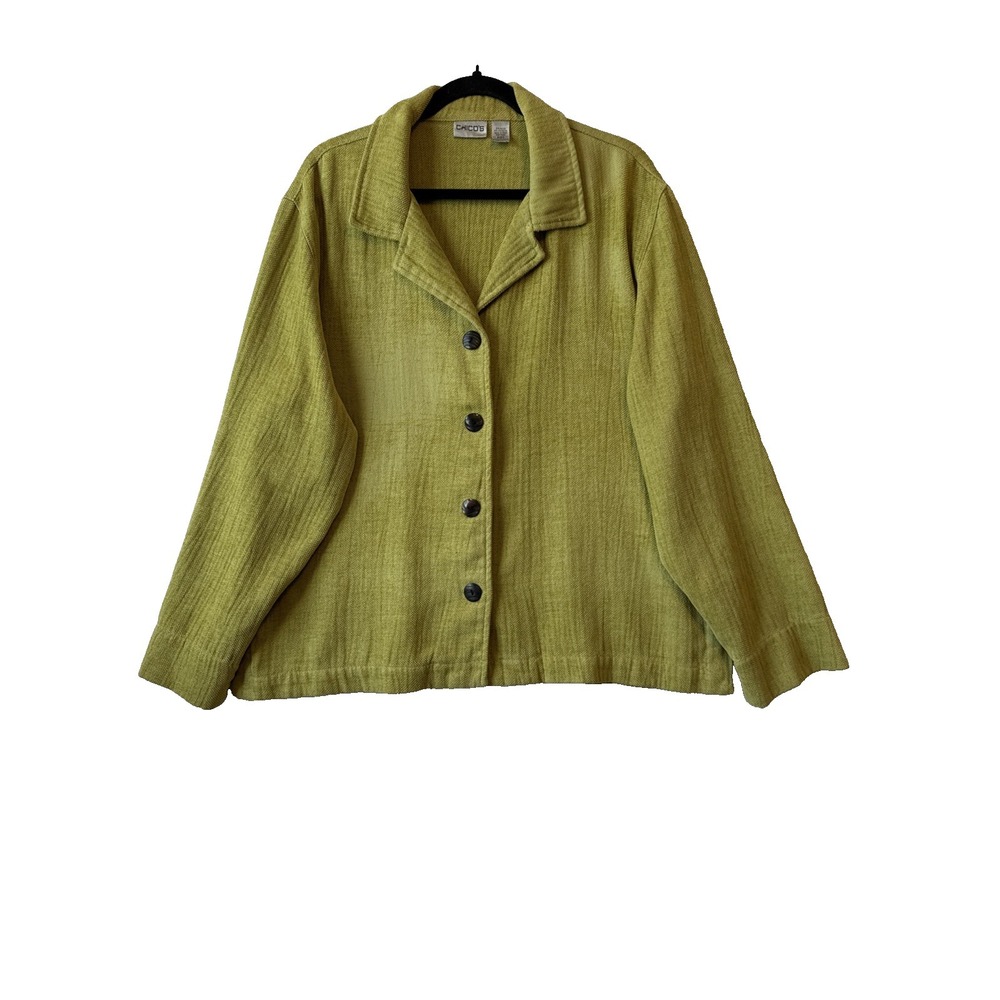 Chicos Chartreuse Green Button Front Woven Knit Blazer Jacket 3, US XL Lagenlook